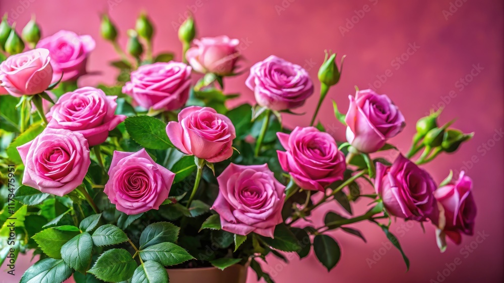 Delicate pink roses and lush houseplants bloom, a vibrant closeup against a matching backdrop. Delicate pink roses and lush houseplants bloom, a vibrant closeup against a matching backdrop.