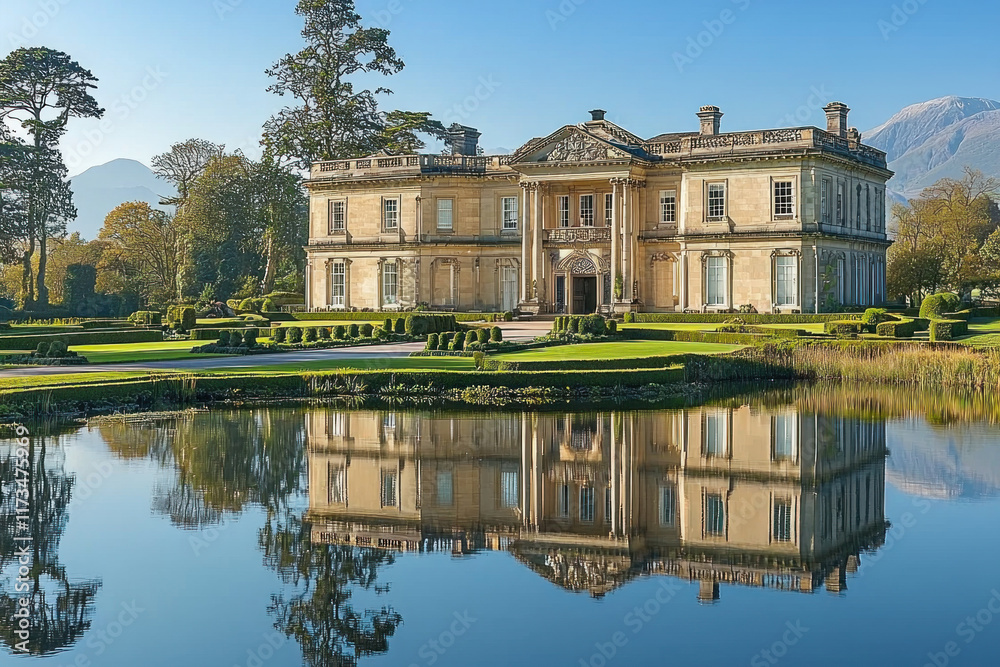 Grand mansion reflected in calm lake, gardens, mountains in background, ideal for hospitality