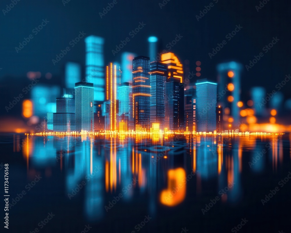 Financial skyline with skyscrapers representing different sectors, each building glowing based on performance Financial skyline with skyscrapers representing different sectors, each building glowing based on performance