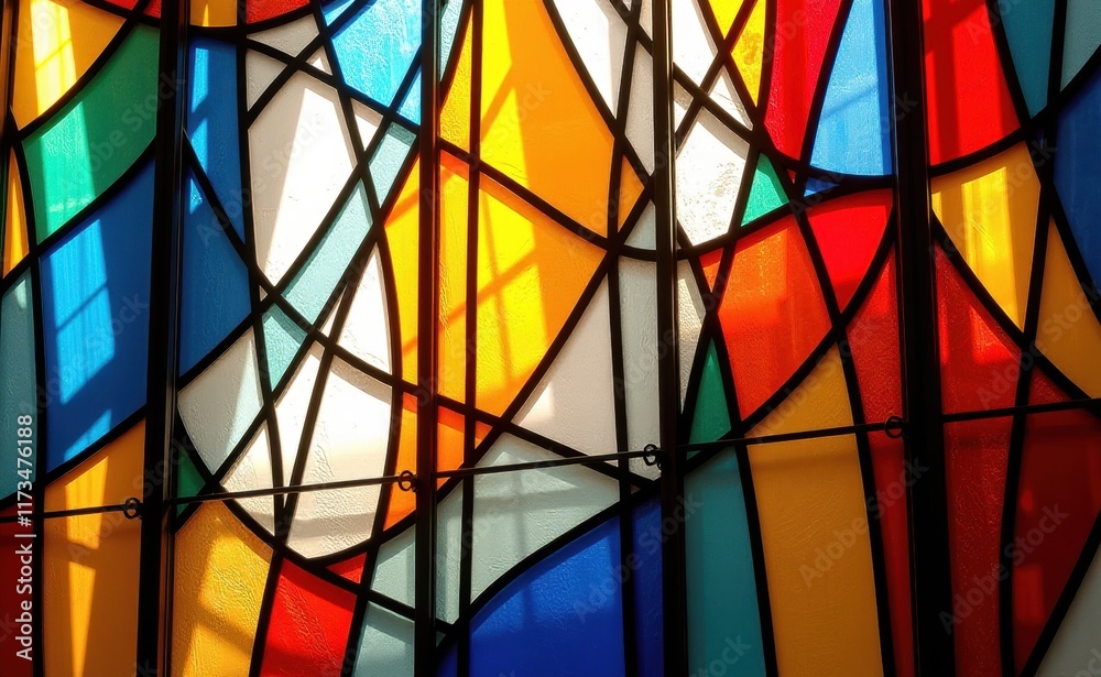 A vibrant abstract stained glass window, showcasing a kaleidoscope of colors and intricate patterns.
