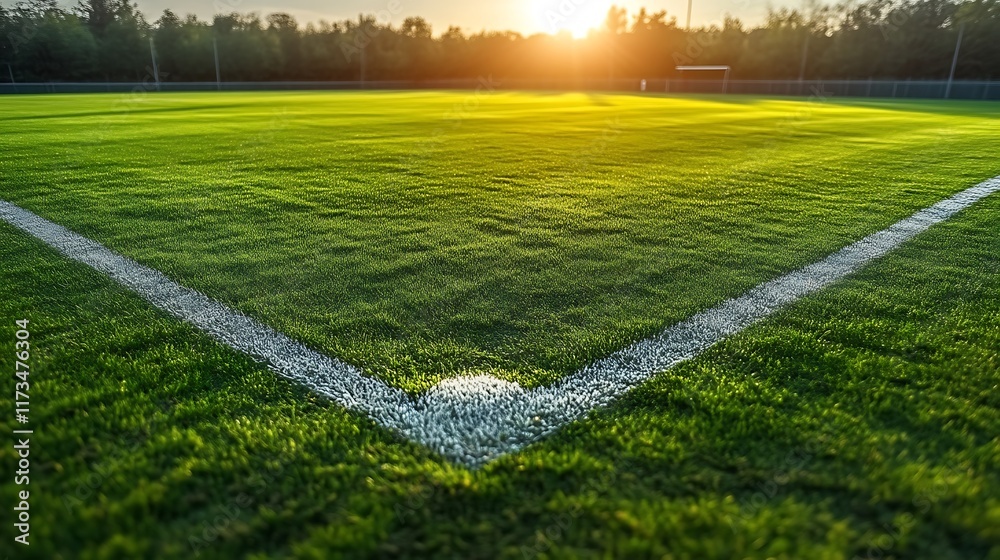 Sunset illuminates a vibrant green artificial turf soccer field corner