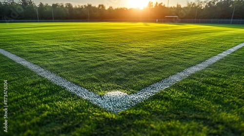 Obraz na płótnie Sunset illuminates a vibrant green artificial turf soccer field corner w salonie