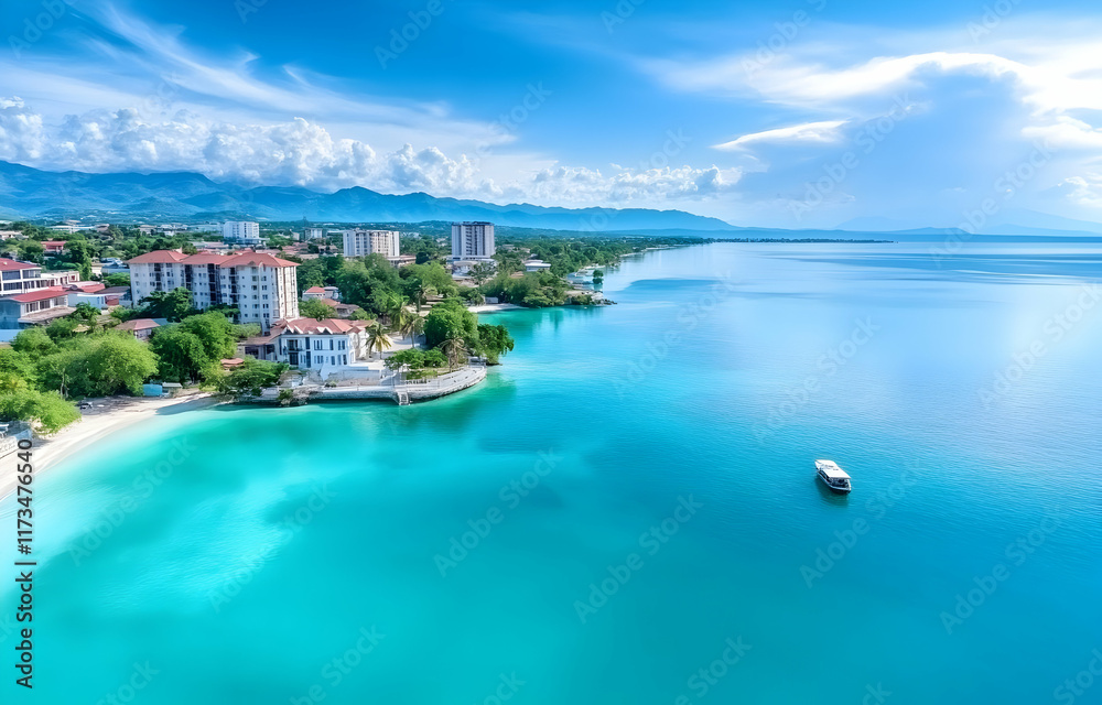 Scenic Bay View with Tropical Coastline and City in Croatia Scenic Bay View with Tropical Coastline and City in Croatia