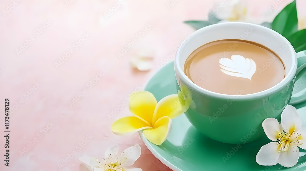 Latte art heart in green cup, pink background, flowers, relaxing morning. Latte art heart in green cup, pink background, flowers, relaxing morning.