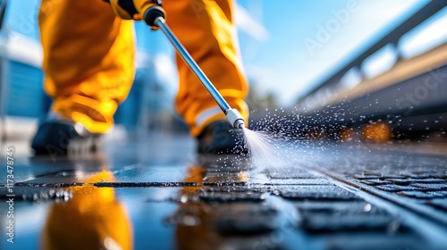 A person in yellow overalls uses a pressure washer to clean a wet surface, showcasing powerful water spray in bright sunlight. photo