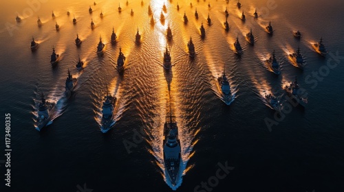 A navy fleet in precise formation, highlighting advanced coordination and modern maritime strategies