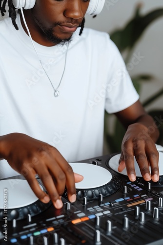 A man is playing a DJ set with a white shirt on. He is wearing headphones and has his hands on the turntables