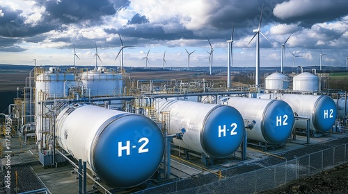 Hydrogen plant, wind turbines, energy, rural landscape, renewable energy production.