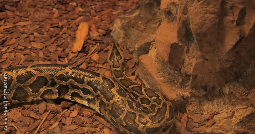 large python snake coiled on a rocky surface in its natural habitat