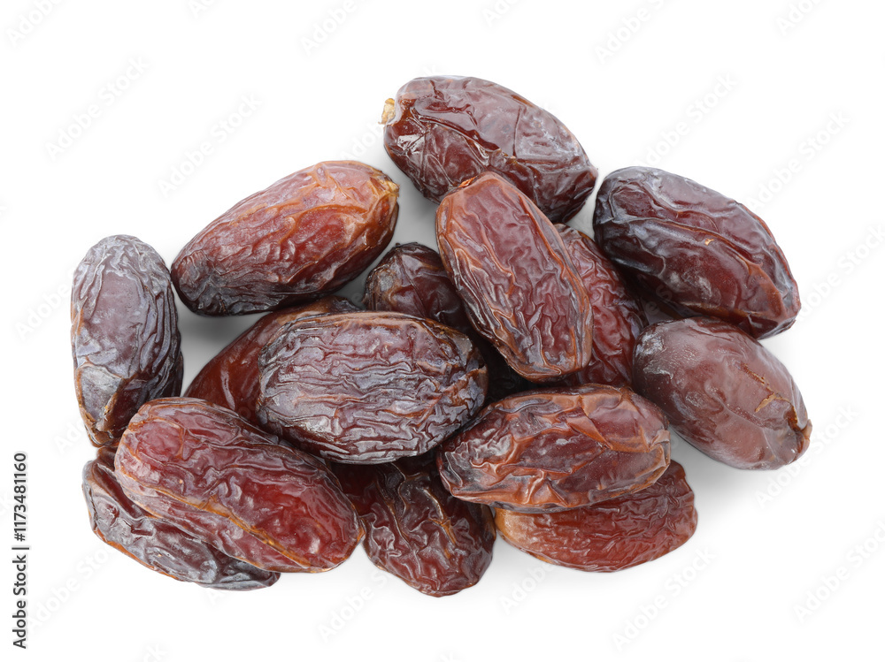 Many tasty dried dates isolated on white, top view Many tasty dried dates isolated on white, top view
