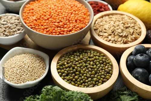 Superfood. Different healthy food products on grey table, closeup