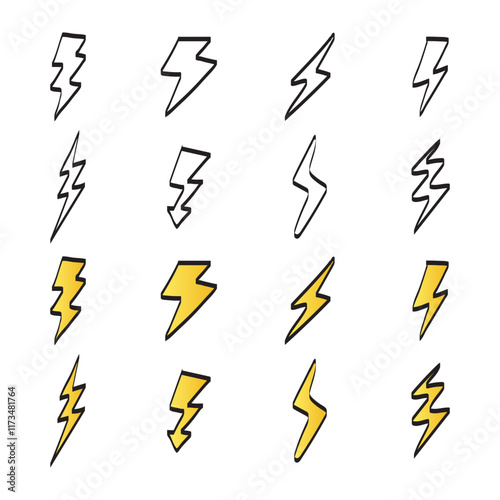 Lightning bolts hand drawn, Cartoon lightning doodle set, Thunder bolts black line and color. Vector illustration. EPS10