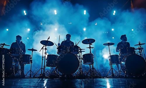 Powerful Drum Solo: Three Drummers Rock the Stage in a Blue-Lit Concert
