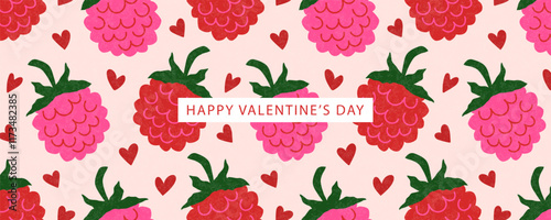 Happy valentines day banner with raspberry and hearts. Trendy modern design with grainy texture. Vector illustration , template of web banner, poster, promotional materials, cover artwork