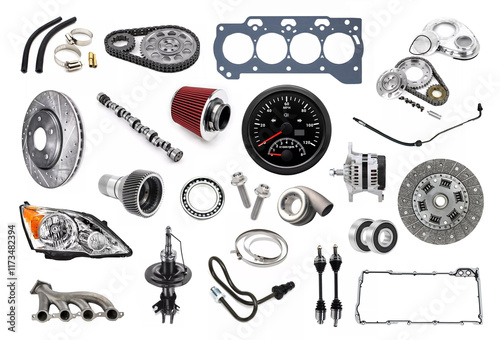 Car parts, engine repair, gearboxes, auto repair parts, composition on white background. photo