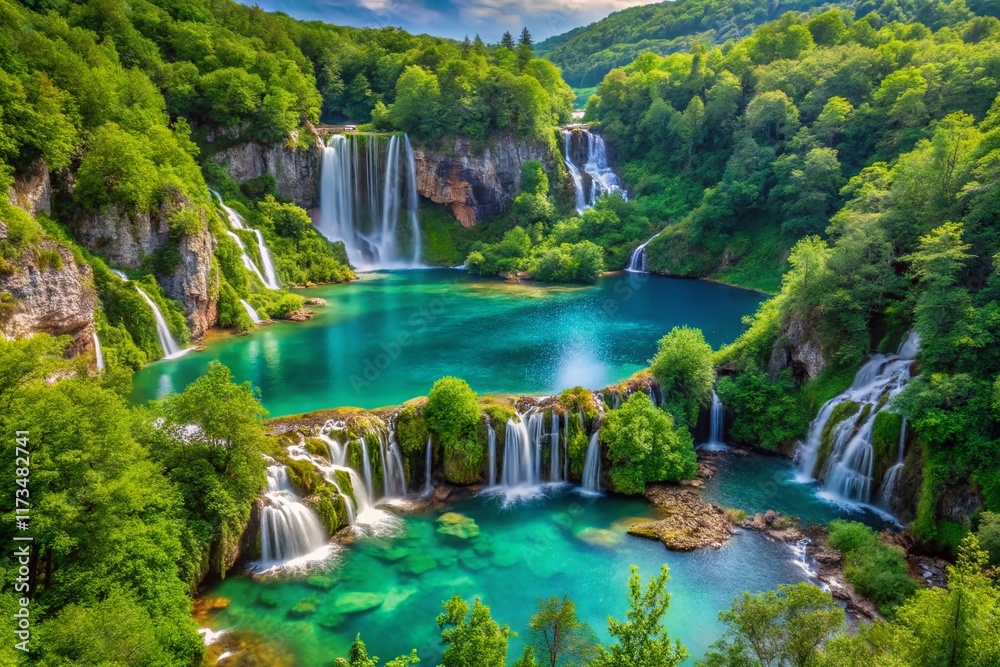 Fototapeta premium Plitvice Lakes National Park: Stunning Blue River & Lush Green Landscape, Croatia