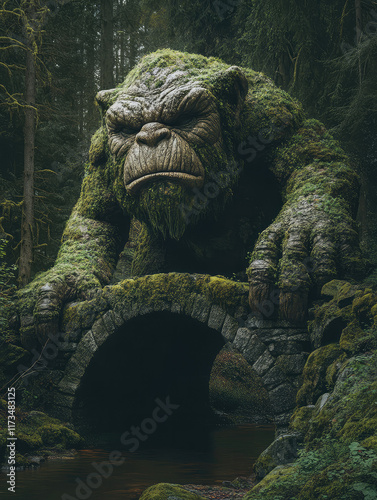 Moss-covered Nordic Troll Emerging From Beneath an Ancient Stone Bridge in a Dense Forest at Twilight