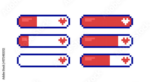 Pixel game life bar with heart. Loading, waiting or installing process, life or health level. Trendy modern 8 bit vector illustration for game, banner design