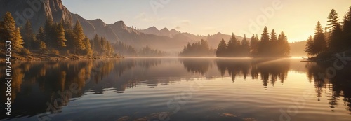 Serene lake vista at dawn with a warm golden light illuminating the water, serene, water photo