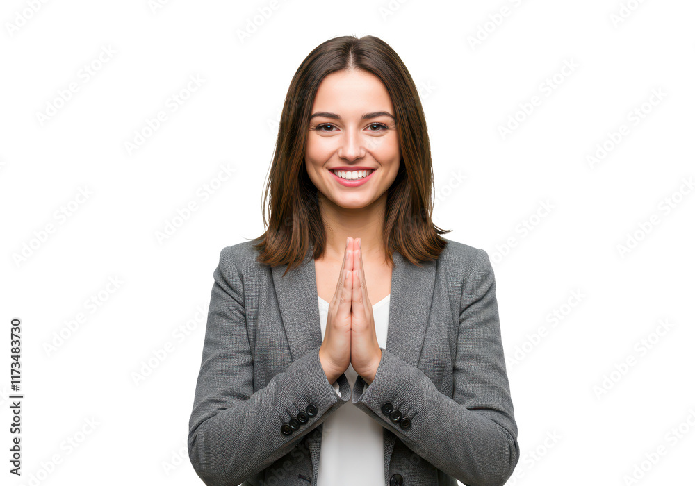 A cheerful woman with shoulder-length brown hair, wearing a gray blazer and a white blouse, clasping her hands isolated on transparent background A cheerful woman with shoulder-length brown hair, wearing a gray blazer and a white blouse, clasping her hands isolated on transparent background