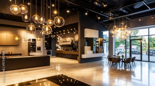 A stylish lighting showroom featuring modern pendant lights, chandeliers, and LED fixtures displayed in a sleek interior