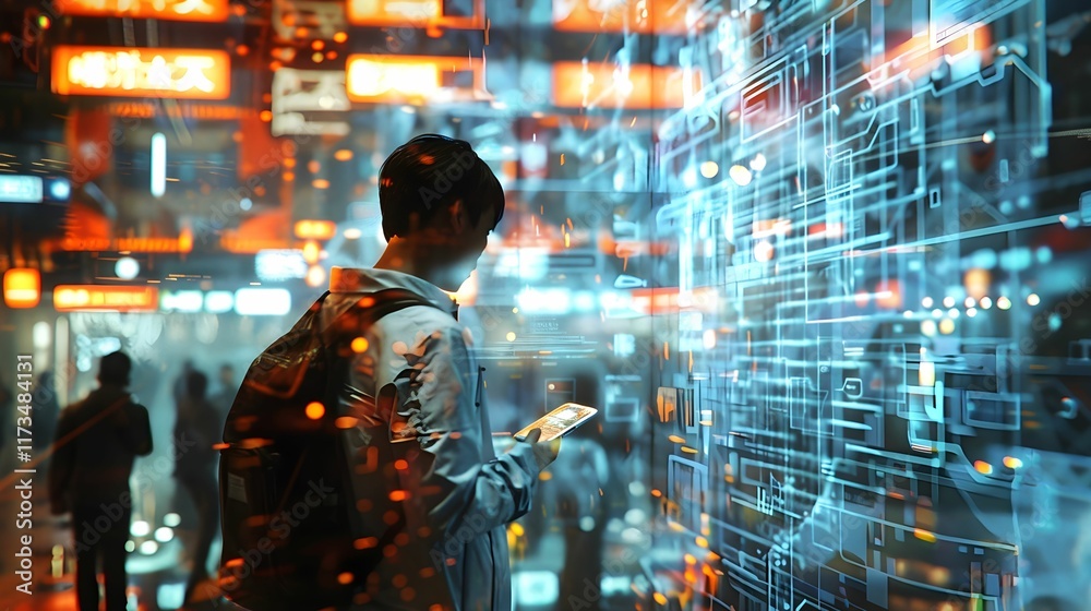 Man interacts with digital display in a vibrant urban environment at night