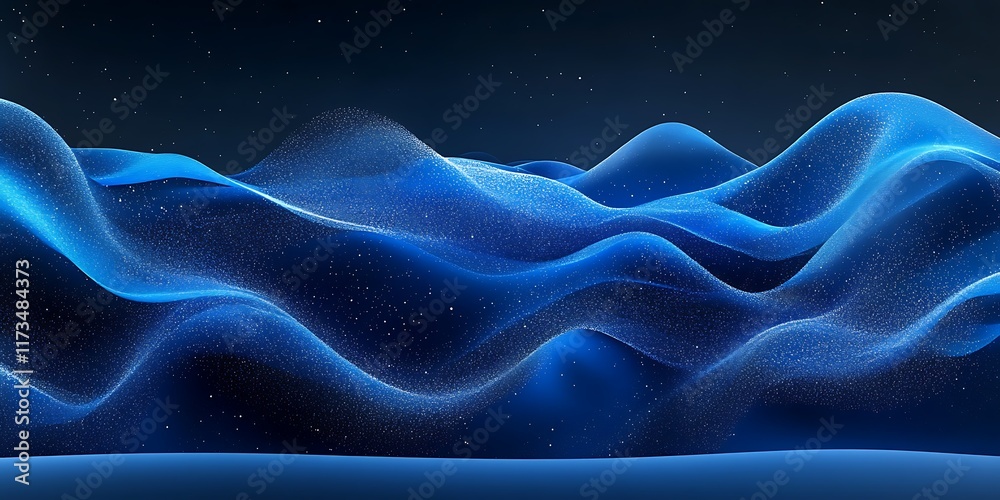 Obraz premium Abstract blue waves, digital landscape, dark background, night sky, website banner.