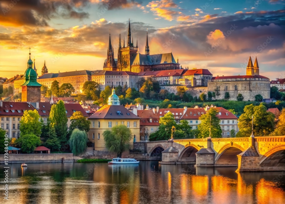 Fototapeta premium Prague Castle Vltava River Gothic Architecture Panoramic Landscape