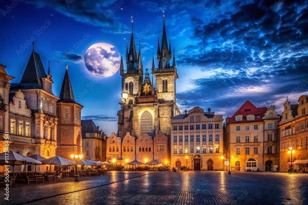 Fototapeta premium Prague Night Photography: Tyn Church Moonlit Cityscape