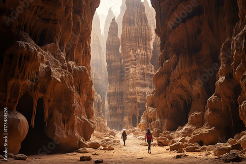 A breathtaking amalgamation of cavernous rock formations adorned with intricate erosion patterns and awe-inspiring revelation of hidden caves nestled amidst towering cliffs and colossal boulders photo