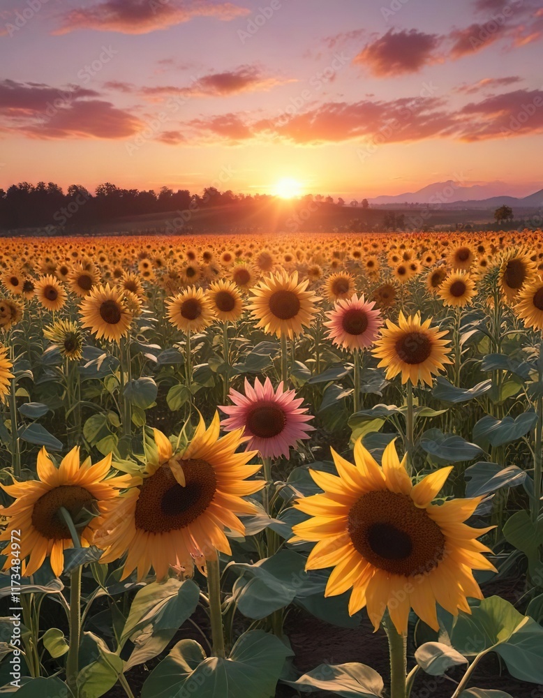 Fototapeta premium Soft pinks and oranges dance across the horizon as a breathtaking sunset sets behind a field of tall, healthy-looking sunflowers, colorful sky, beautiful sunset, sunflower field