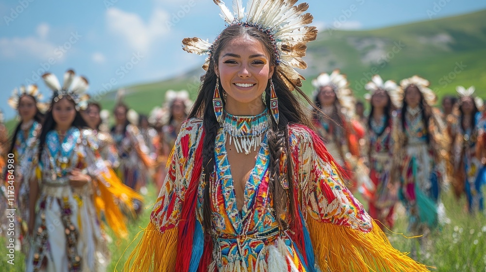 Fototapeta premium Wide shot of dance performance at cultural convention, traditional costumes