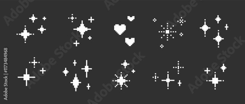 Set of pixel sparkling white stars and hearts on black background. Shiny stars, 8bit shapes for Y2K design, retro shapes. Vector illustration