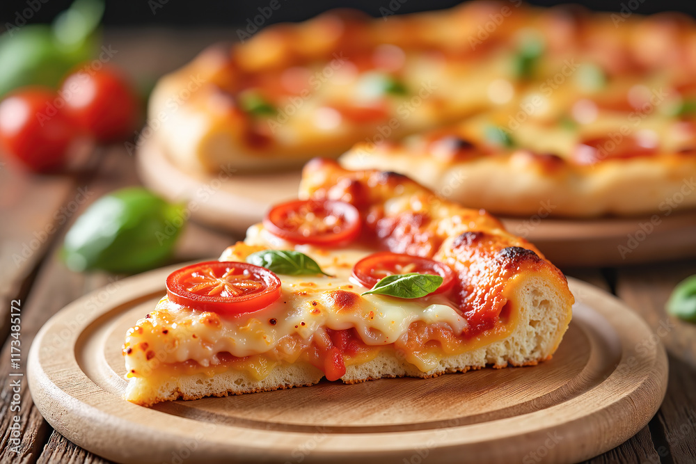Rustic slice of pizza on wooden board, delicious comfort food. Greeting card, banner or holiday poster for Pizza Day promotion Rustic slice of pizza on wooden board, delicious comfort food. Greeting card, banner or holiday poster for Pizza Day promotion