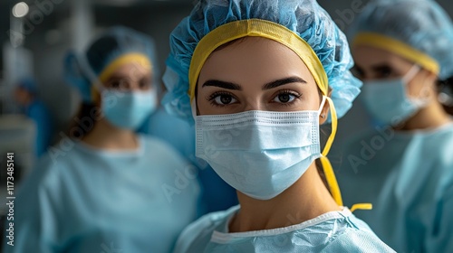 Surgical masks being adjusted by a nurse before entering a sterile area Stock Photo with side copy space