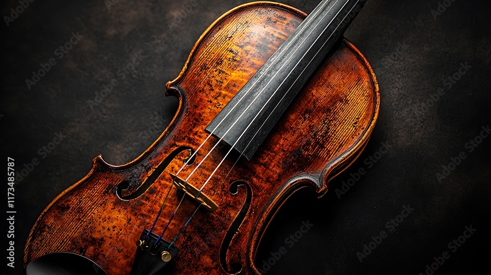 Fototapeta premium Antique violin on dark background, close-up view showing intricate details of wood grain and varnish.