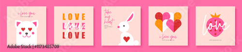 Set of greeting cards for Valentines Day. Simple flat style with geometric elements. Collection of vector cards with bunny, cat, hearts, strawberries and romantic inscriptions.