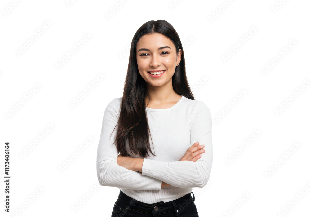 A cheerful young woman with long dark hair, wearing a white shirt and black pants, standing with arms crossed isolated on transparent background A cheerful young woman with long dark hair, wearing a white shirt and black pants, standing with arms crossed isolated on transparent background
