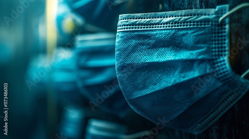 Surgical masks lined up in a dispenser for quick accessibility Stock Photo with side copy space