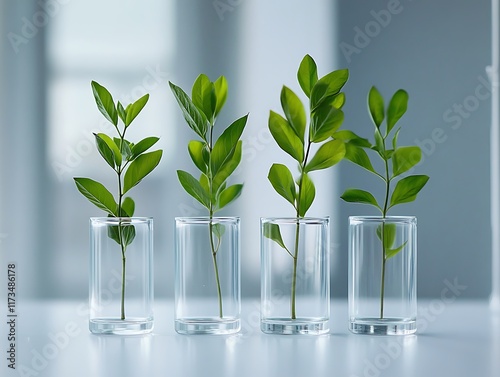 Minimalistic botanical arrangement of fresh green leaves in transparent glass containers on a white table with a soft blurred background.