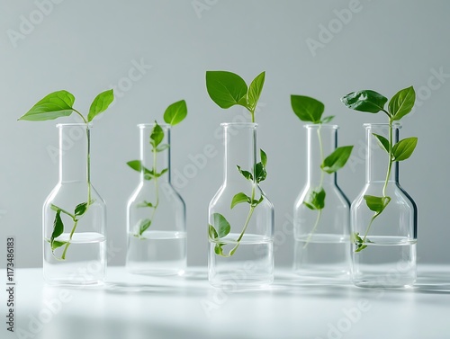 Minimalistic botanical arrangement of fresh green leaves in transparent glass containers on a white table with a soft blurred background.