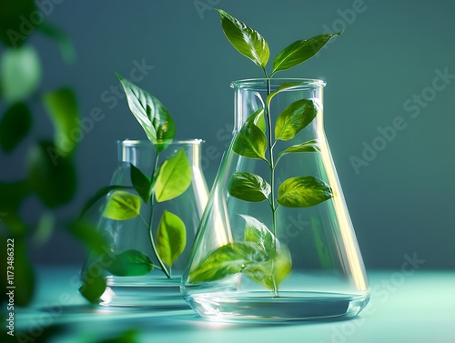 Minimalistic botanical arrangement of fresh green leaves in transparent glass containers on a white table with a soft blurred background.