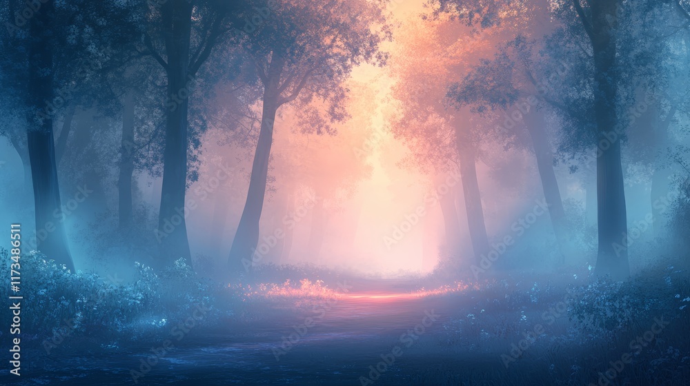 Fototapeta premium A serene forest scene at dawn with mystical light and mist, creating an enchanting and tranquil atmosphere.