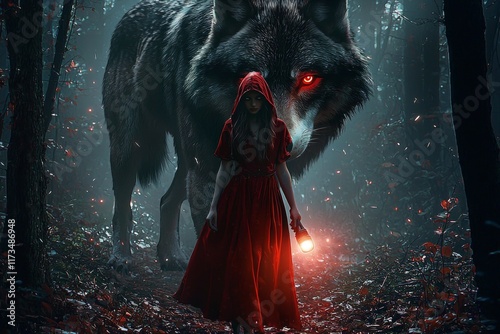 Mysterious encounter in the enchanted forest with a girl and a giant wolf