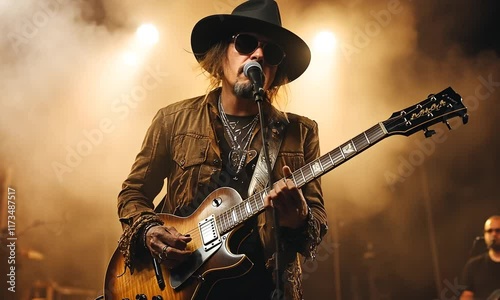 Rock Star Guitarist Performs on Stage: Energetic Live Music Concert