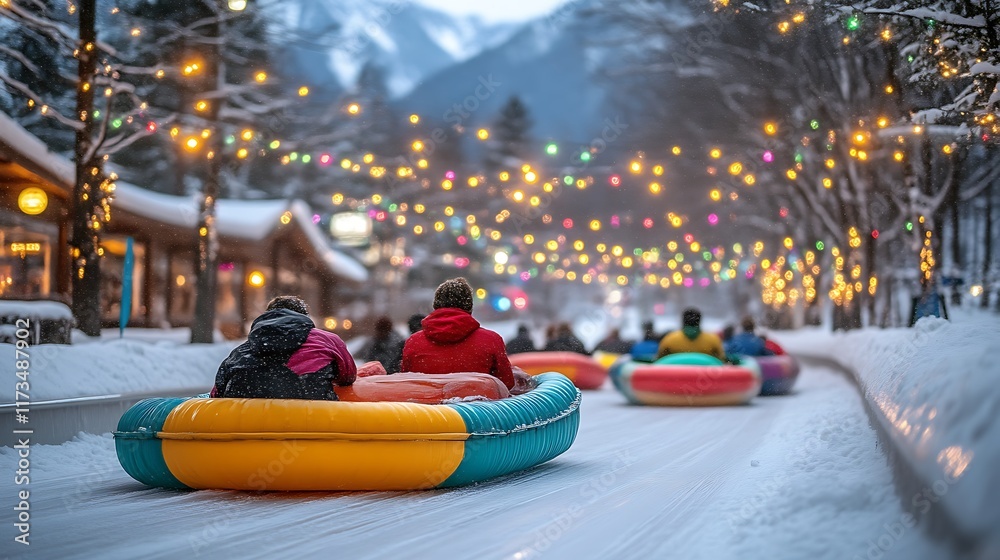 People snow tubing down a snowy street at night