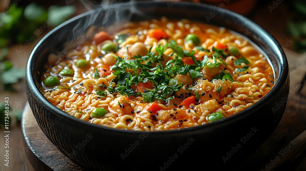 Steaming bowl of vegetable noodle soup with chickpeas, carrots, and peas, garnished with fresh parsley. Steaming bowl of vegetable noodle soup with chickpeas, carrots, and peas, garnished with fresh parsley.