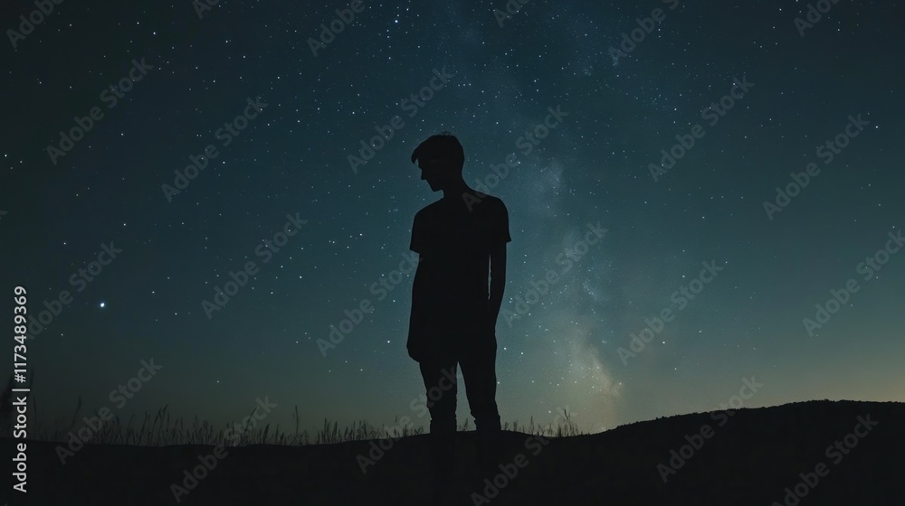 Silhouette of a young man standing in a field at night under a starry sky, with the Milky Way visible. Silhouette of a young man standing in a field at night under a starry sky, with the Milky Way visible.