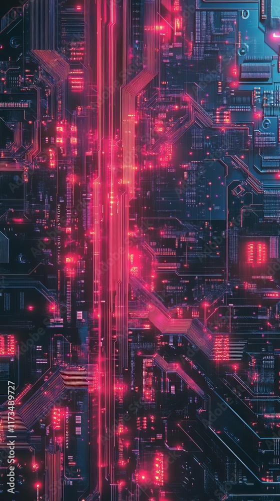 Fototapeta premium A high-tech abstract image featuring a futuristic circuit board with glowing red lights and intricate digital patterns.