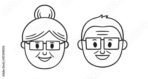 Grandparents face doodle hand drawn icon. Outline drawing grandparents face line clipart symbol